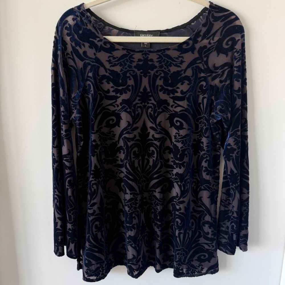 Karen Kane Womens Navy Blue Burnout Velvet Damask Long Sleeve Blouse Size L